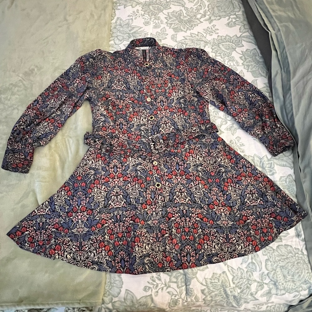 Zara black floral belted mini dress